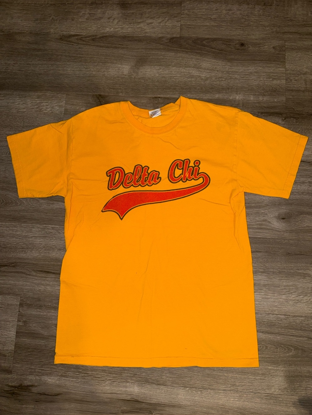 Gildan Yellow Tee with Red and Black Collegiate Graphic